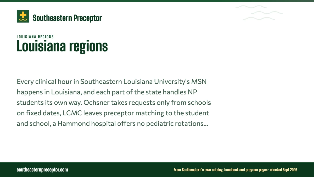 Louisiana regions. Every clinical hour in Southeastern Louisiana University's MSN happens in Louisiana, and each part of the state handles NP students its own way. Ochsner takes r