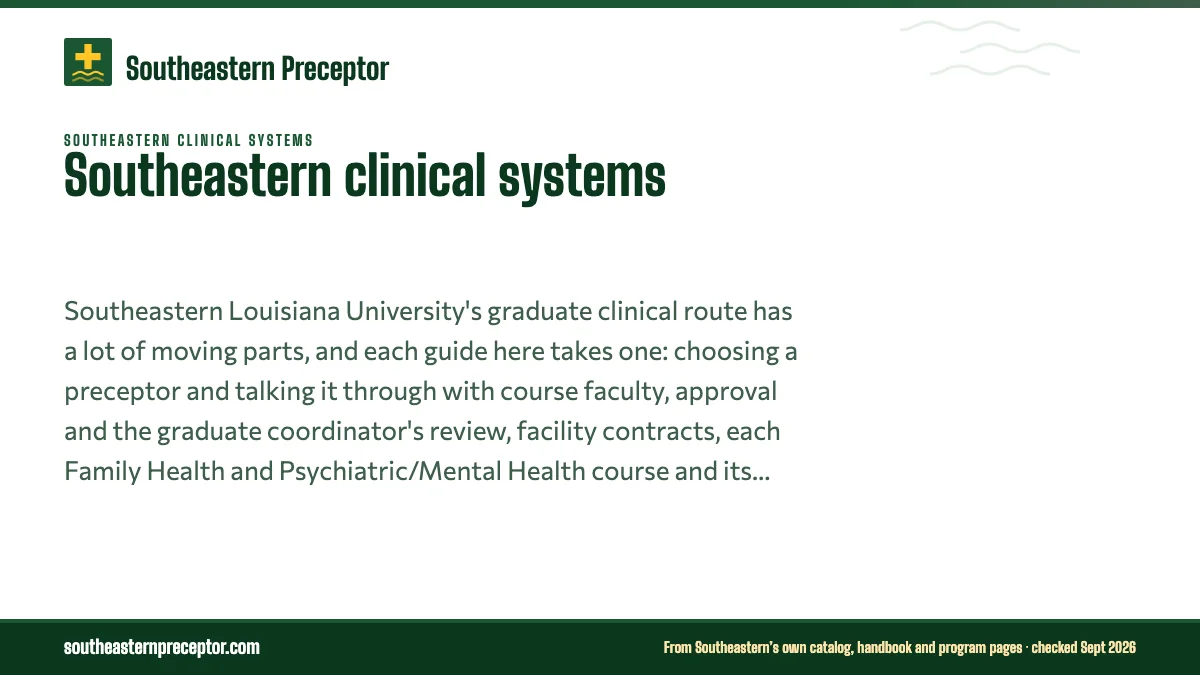 Southeastern clinical systems. Southeastern Louisiana University's graduate clinical route has a lot of moving parts, and each guide here takes one: choosing a preceptor and talking it throug